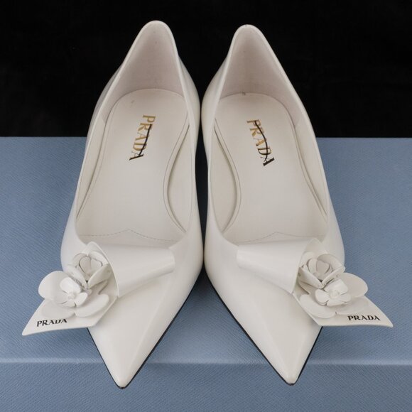 Prada Sculptural Twist Floral-Appliqued Ballerina Flats, White Polished Leather - Picture 3 of 12